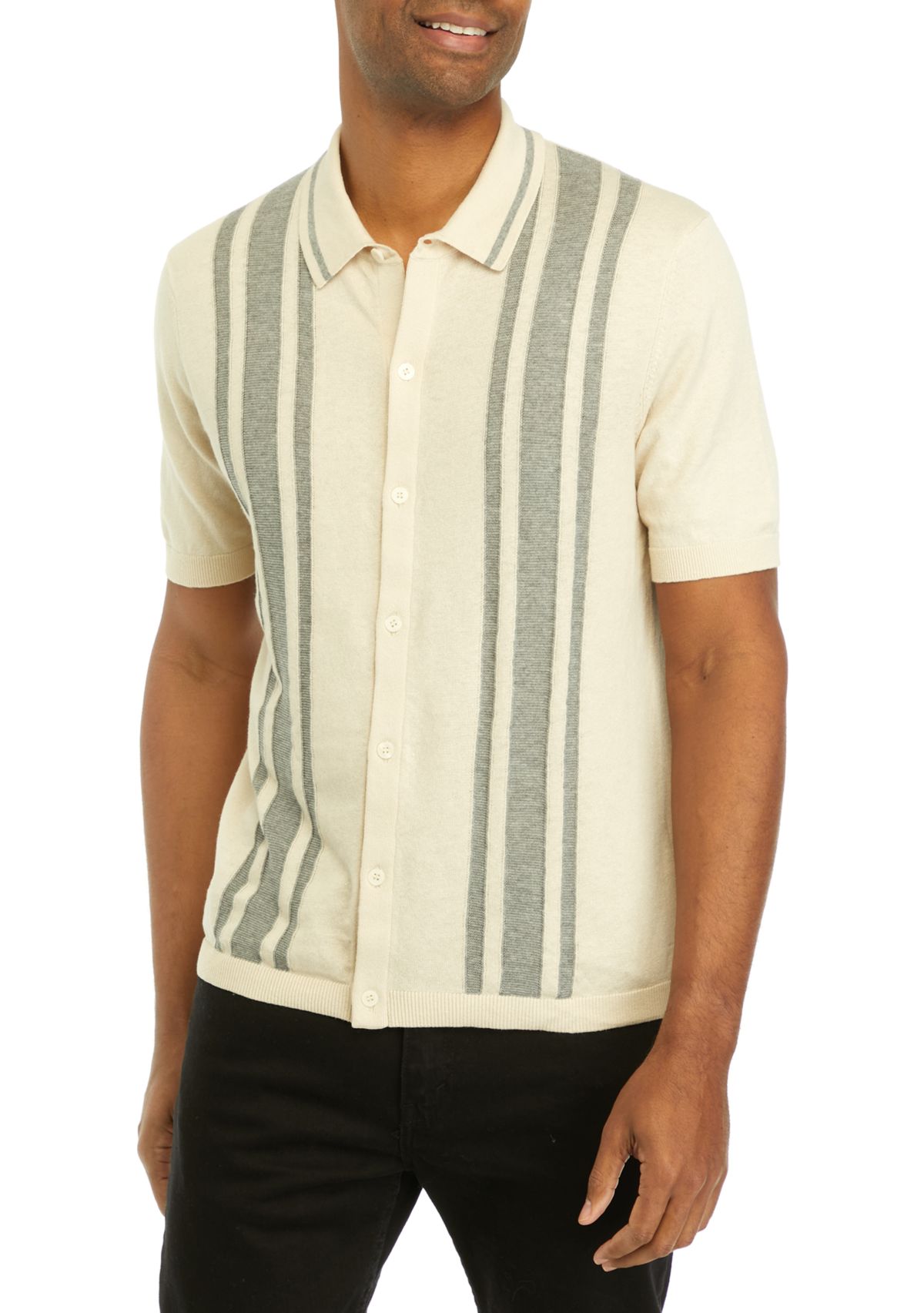 Mens Short Sleeve Button Front Striped Polo Shirt