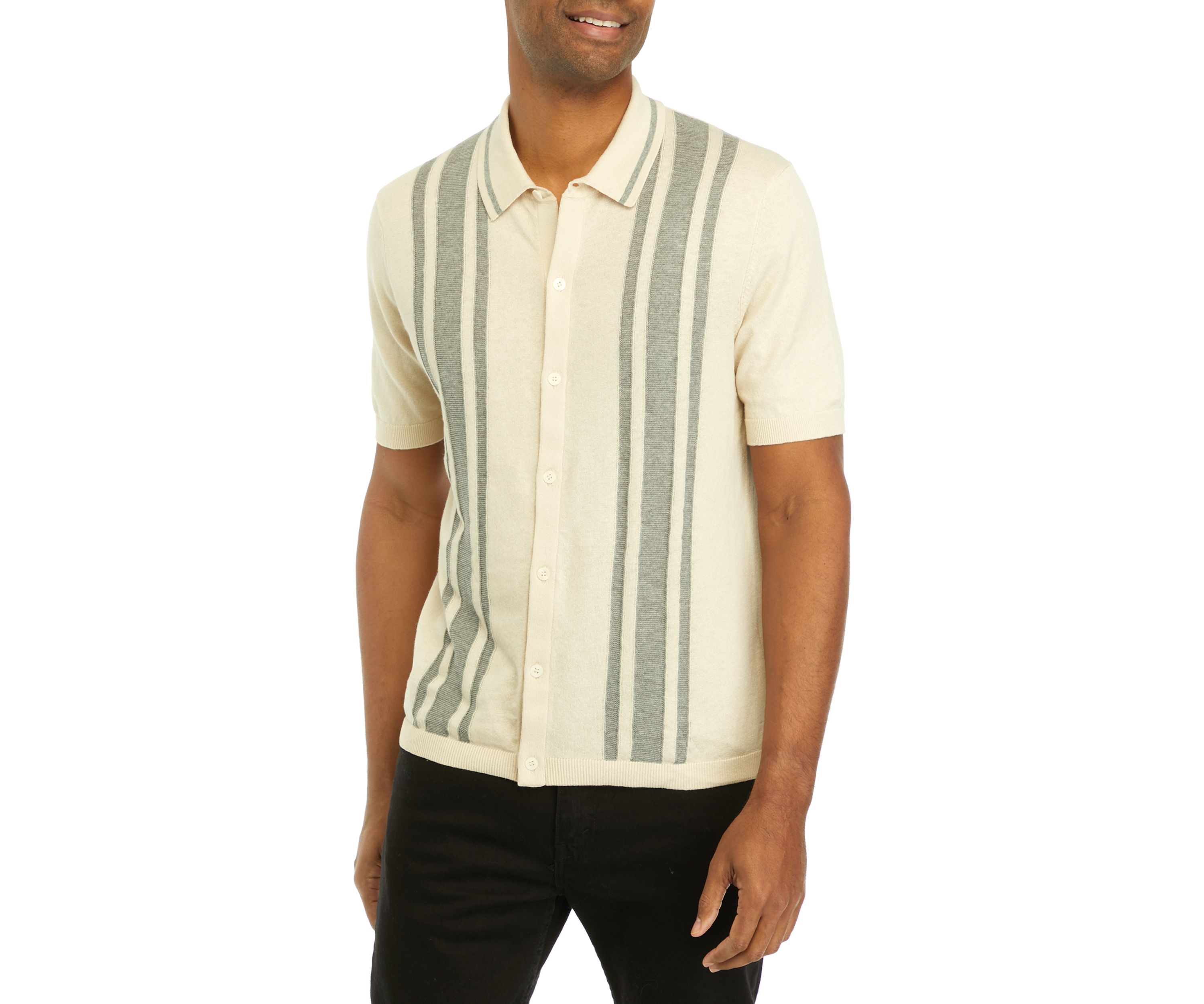 Mens Short Sleeve Button Front Striped Polo Shirt