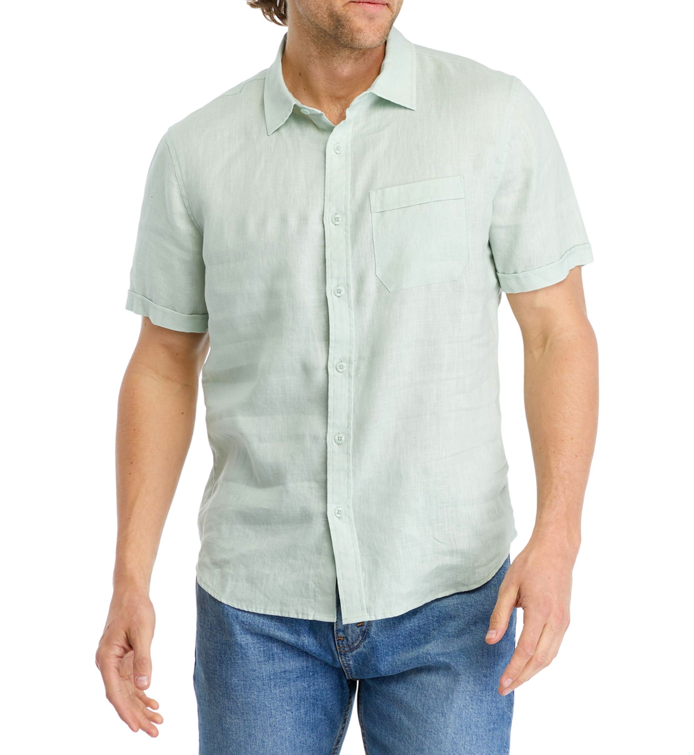 Mens Short Sleeve Collared Button Down Linen Shirt