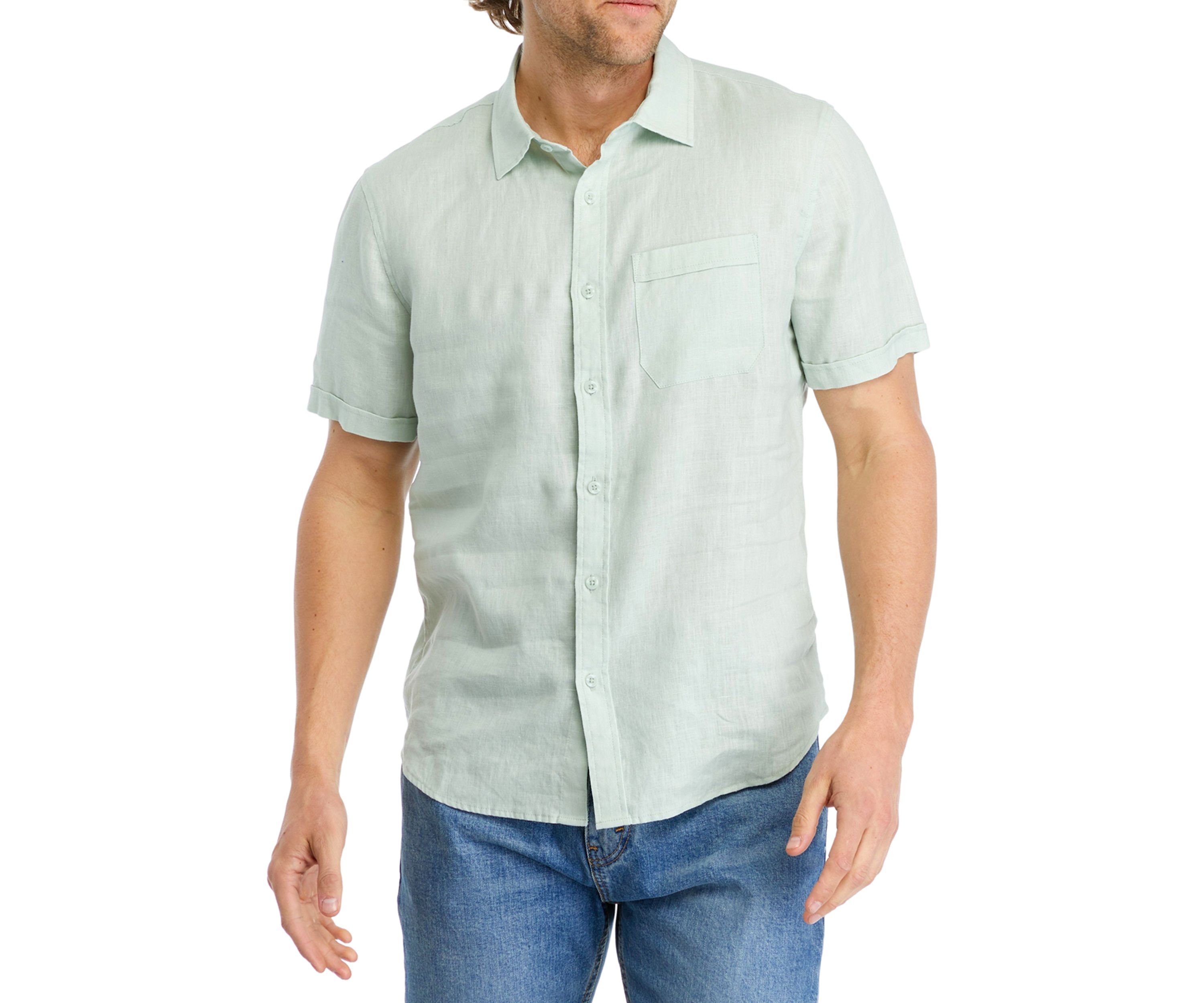 Mens Short Sleeve Collared Button Down Linen Shirt