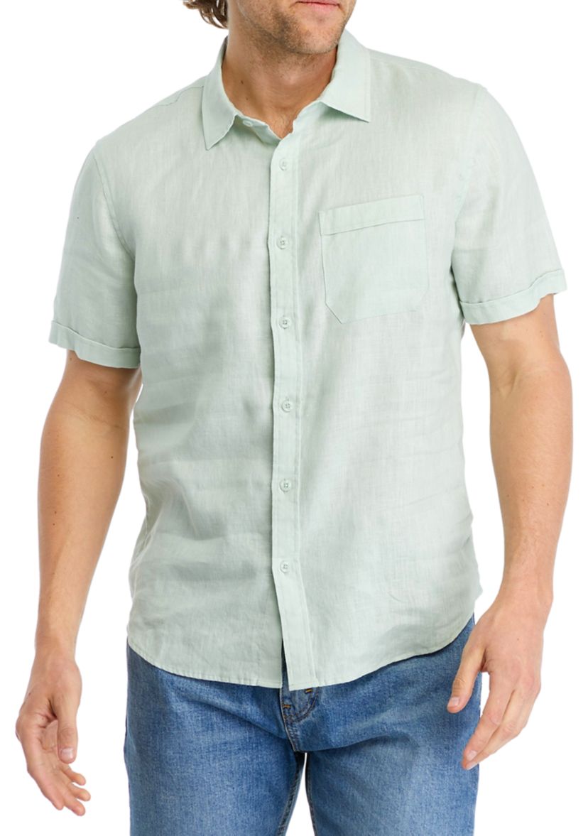Mens Short Sleeve Collared Button Down Linen Shirt
