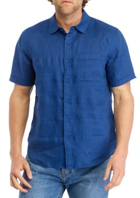 Magaschoni Men's Short Sleeve Collared Button Down Linen Shirt, Navy Blue, Medium