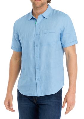 Magaschoni Men's Short Sleeve Collared Button Down Linen Shirt, Sky Blue, Medium