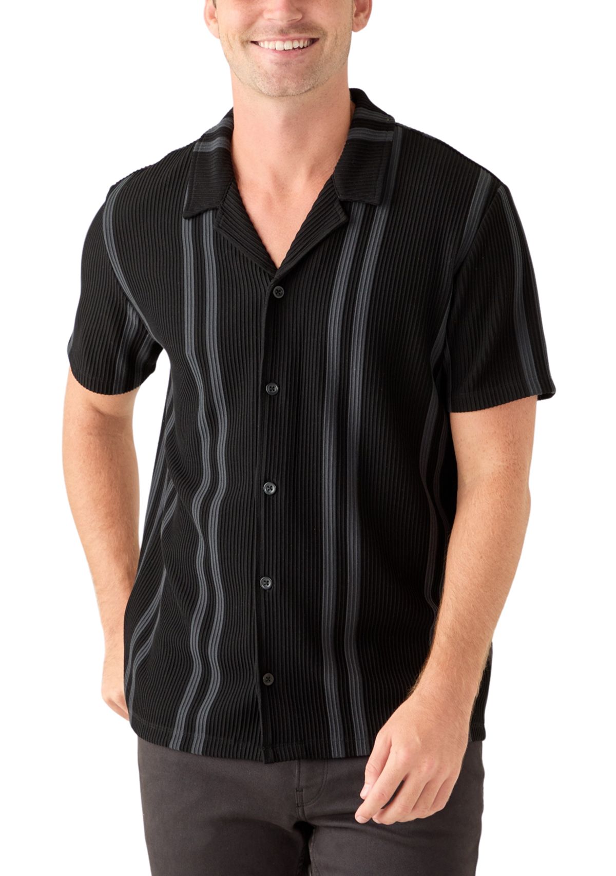 Mens Striped Plisse Knit Button Down Shirt