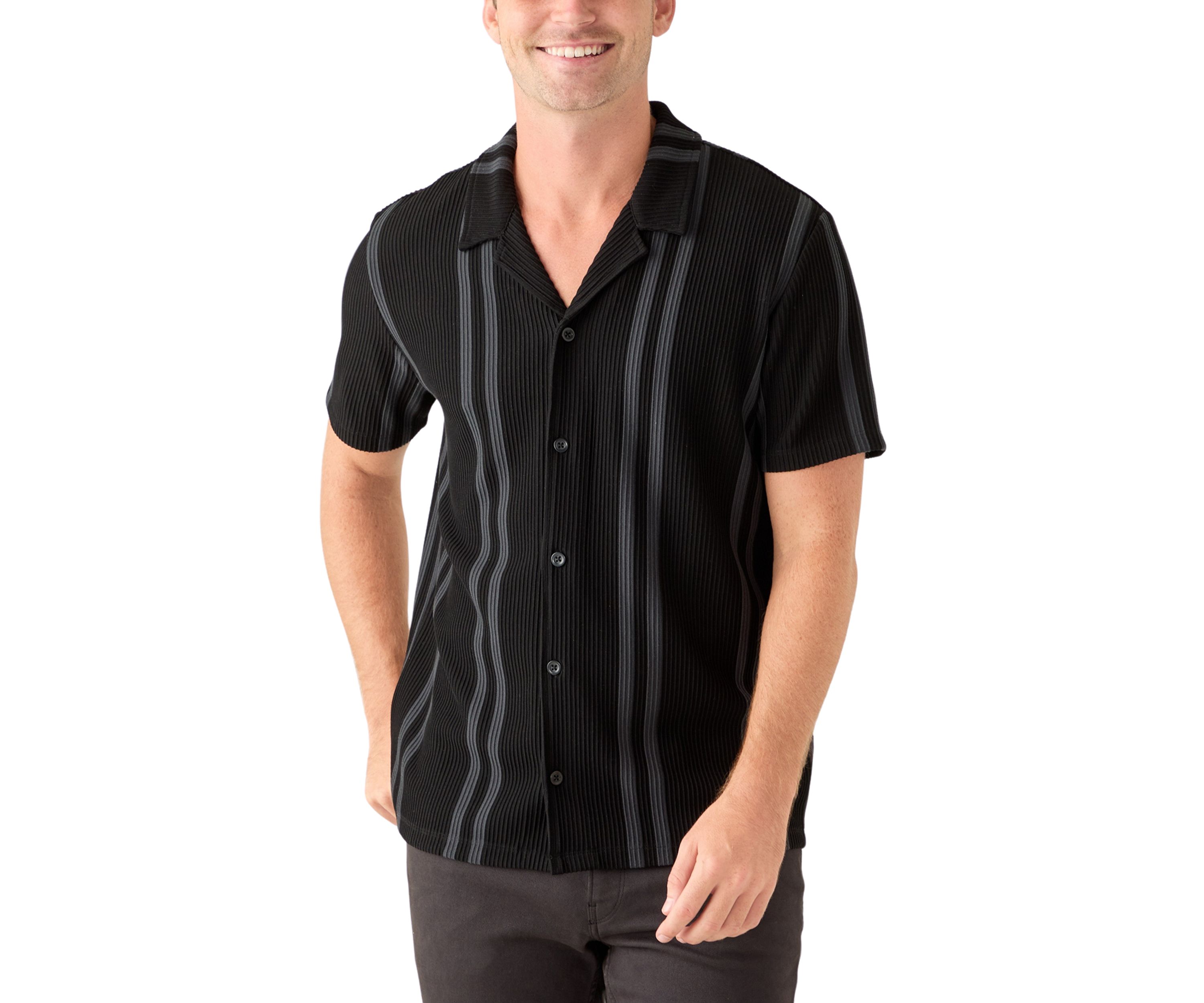 Mens Striped Plisse Knit Button Down Shirt