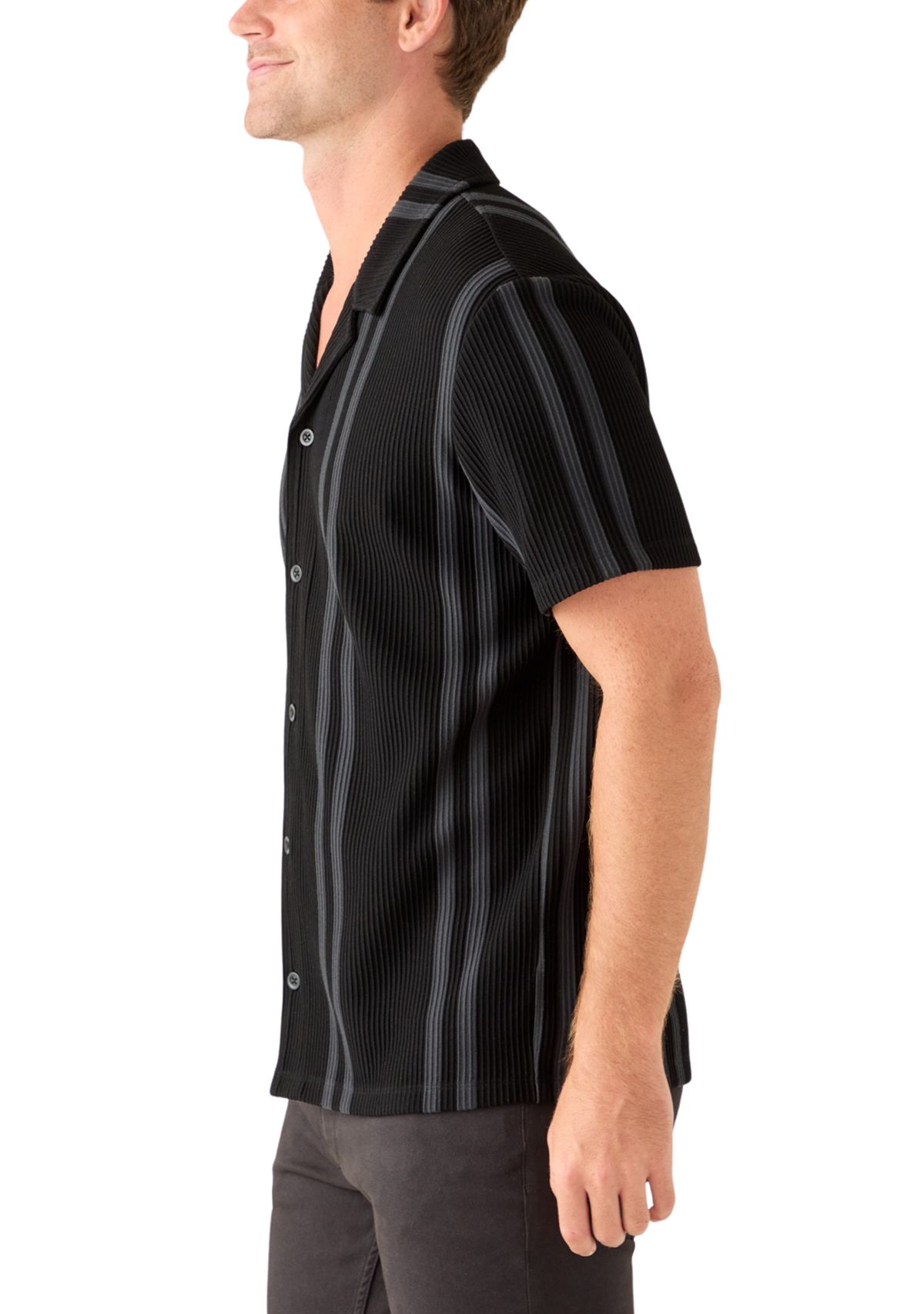 Mens Striped Plisse Knit Button Down Shirt