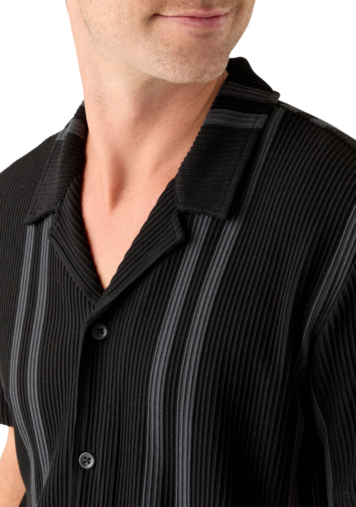 Mens Striped Plisse Knit Button Down Shirt