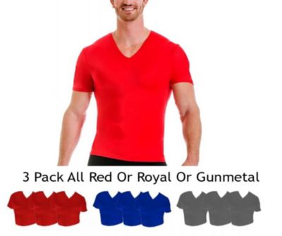 Insta Slim Men's 3-Pack Active Compression Short Sleeve V-Necks, Red, XXL