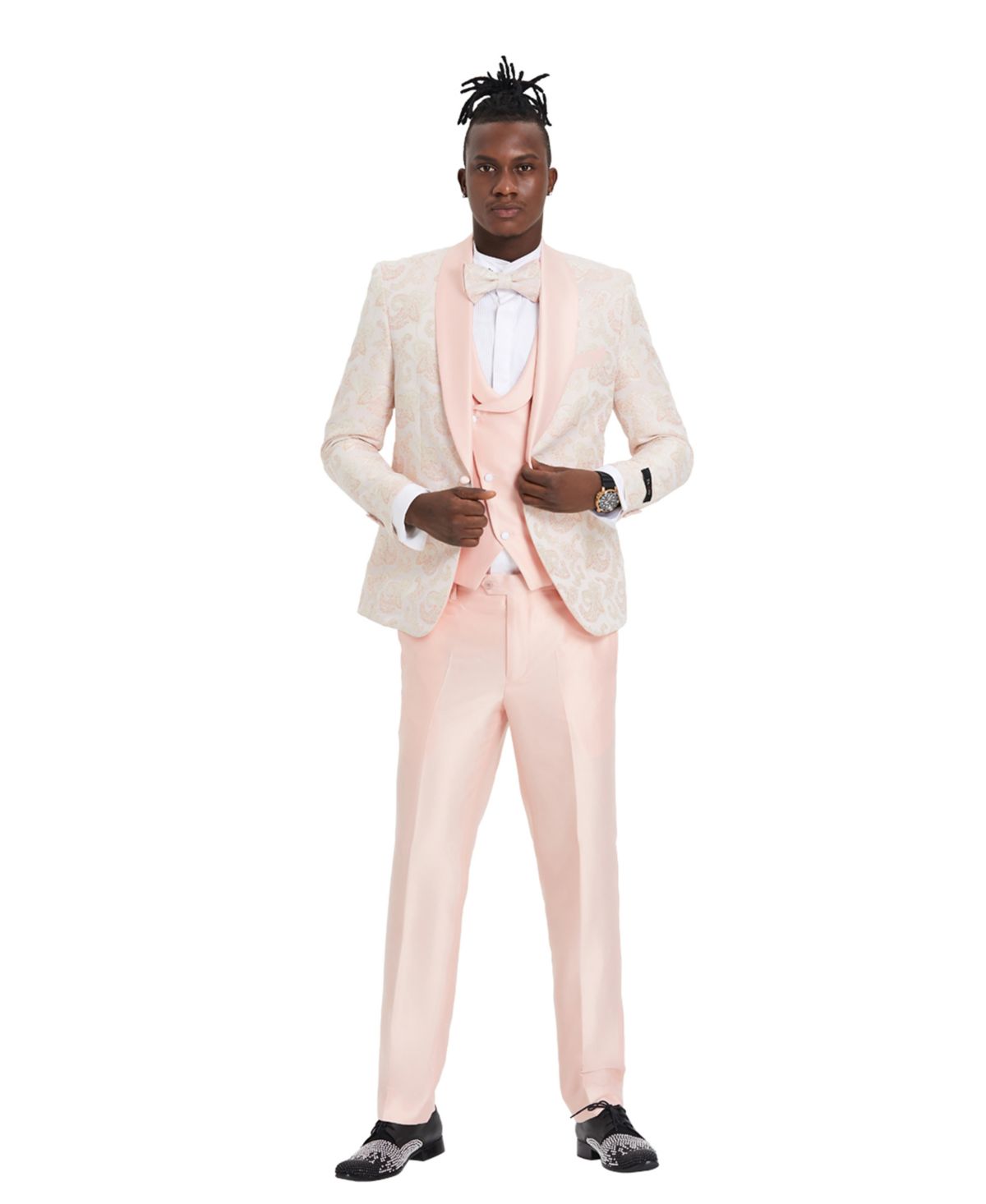 Mens 3 PC Suit Paisley Shawl Suit With Double Breasted Satin Vest & Satin Pants