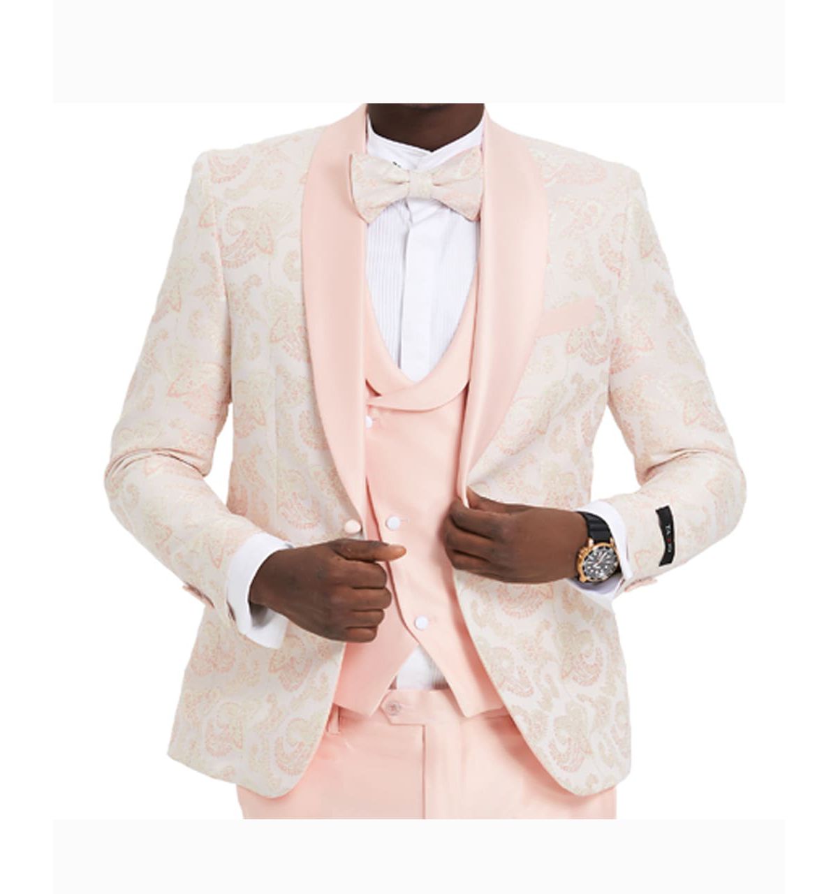 Mens 3 PC Suit Paisley Shawl Suit With Double Breasted Satin Vest & Satin Pants