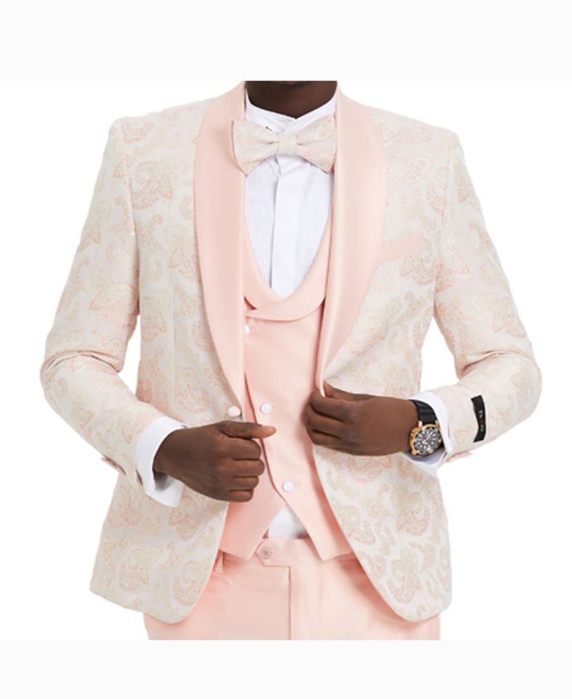 Mens 3 PC Suit Paisley Shawl Suit With Double Breasted Satin Vest & Satin Pants