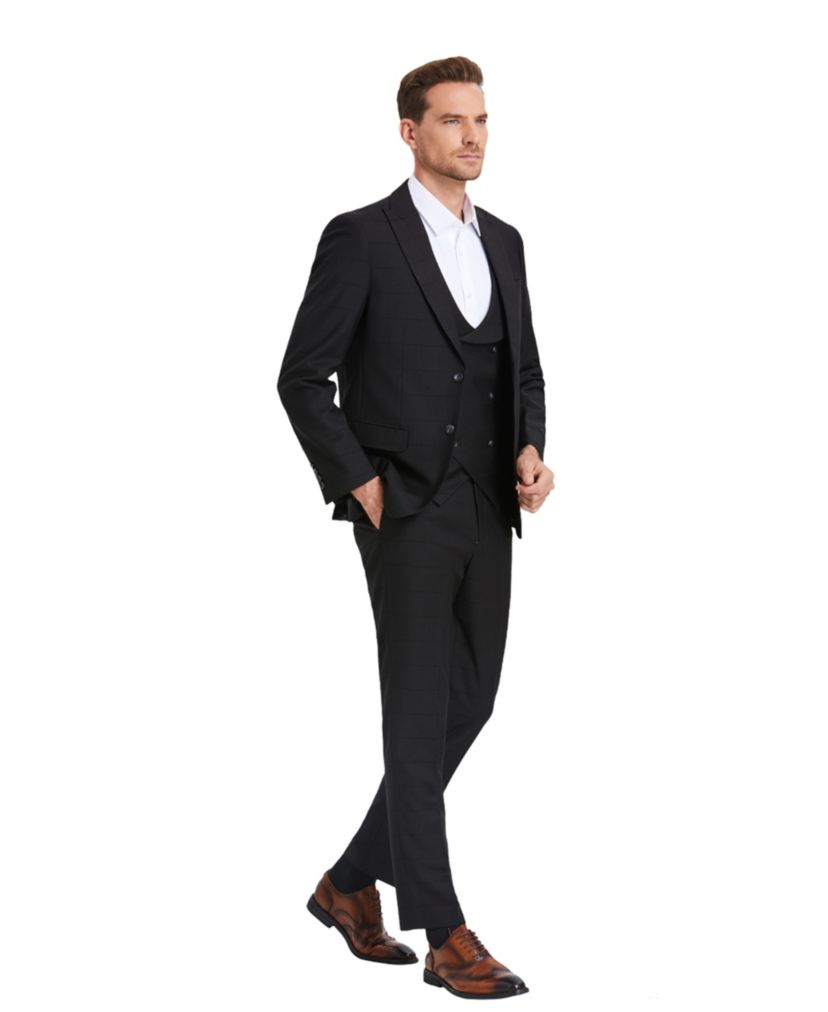 Mens 3 PC Suit Sharkskin Suits w Matching Vest & Pants