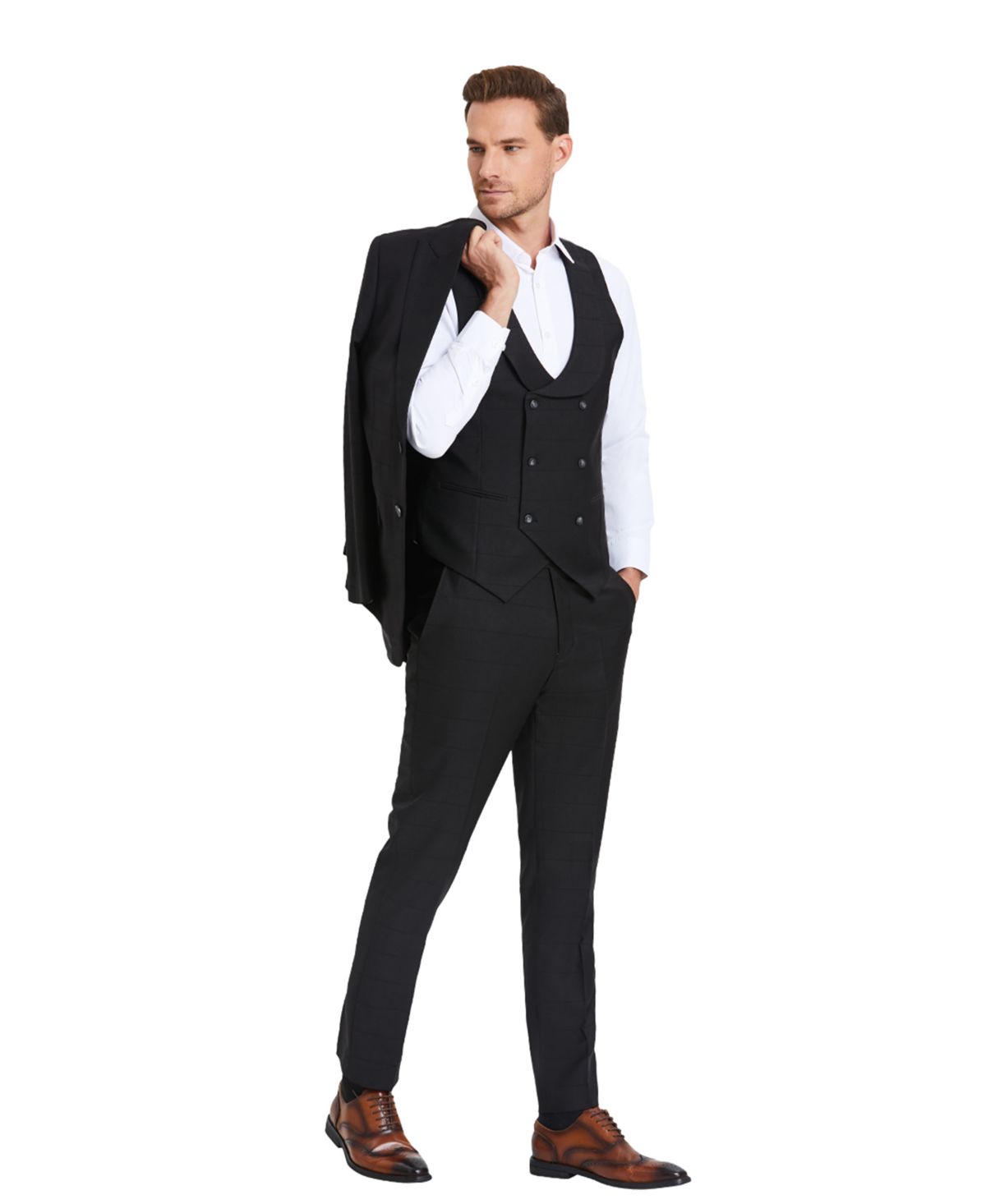 Mens 3 PC Suit Sharkskin Suits w Matching Vest & Pants