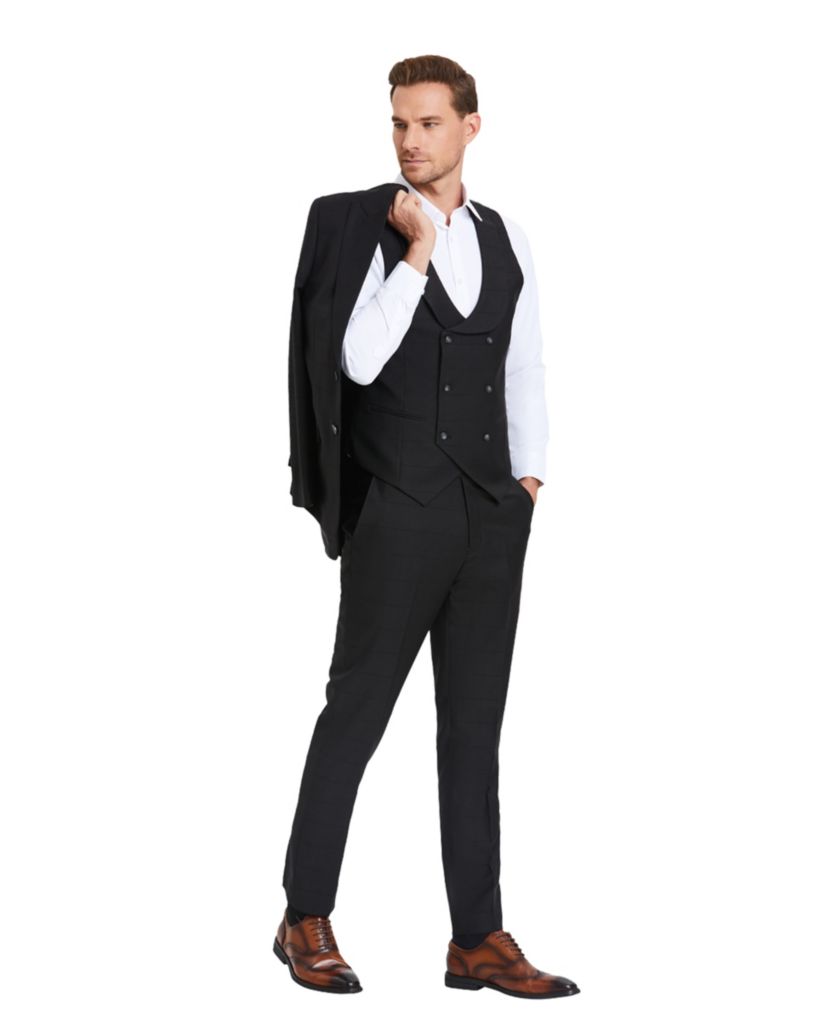 Mens 3 PC Suit Sharkskin Suits w Matching Vest & Pants