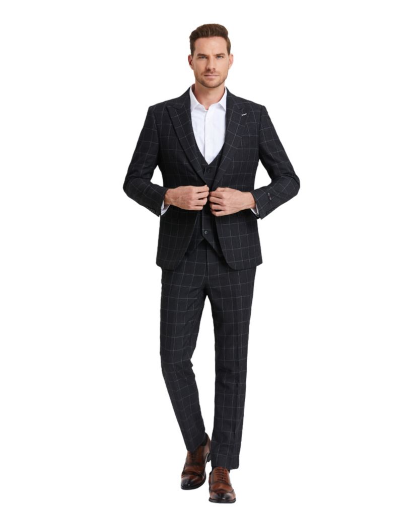 Mens 3 PC Suit Windowpane with Matching Vest & Pants