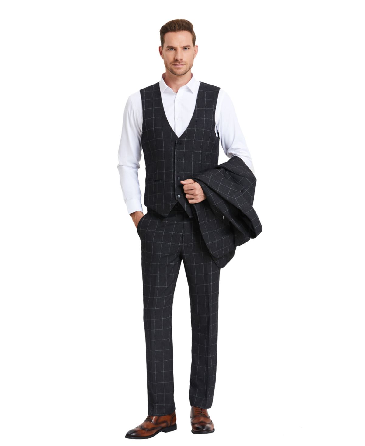 Mens 3 PC Suit Windowpane with Matching Vest & Pants