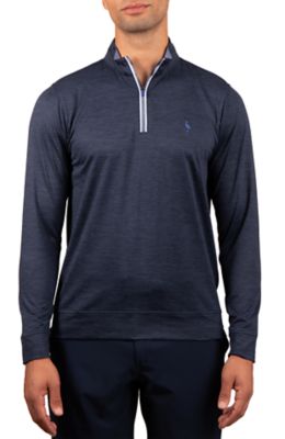 TailorByrd Men's Melange Mesh Quarter Zip with Striped Contrast, Navy Blue, 2XL