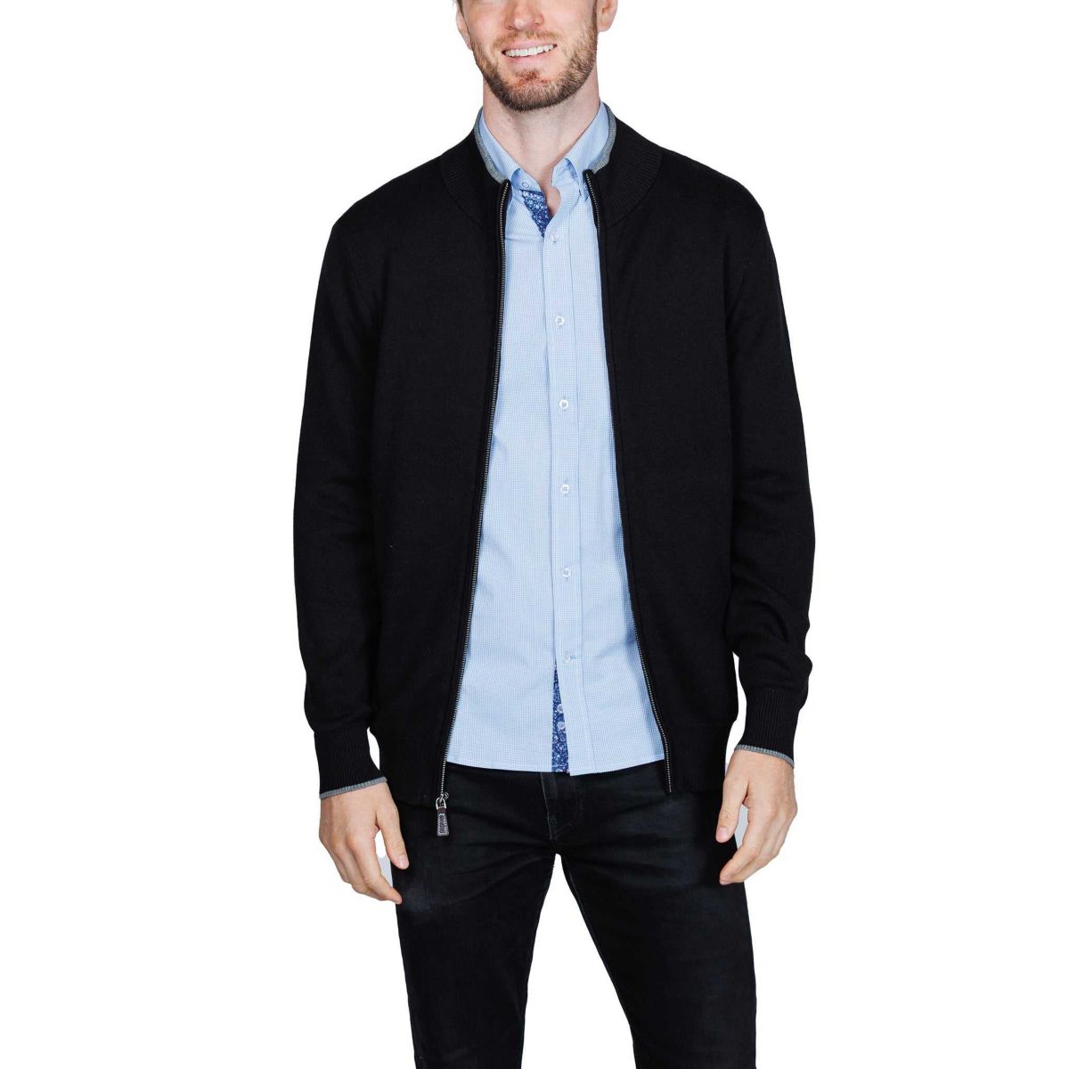 Fine Knit Full Zip Mock Neck Sweater