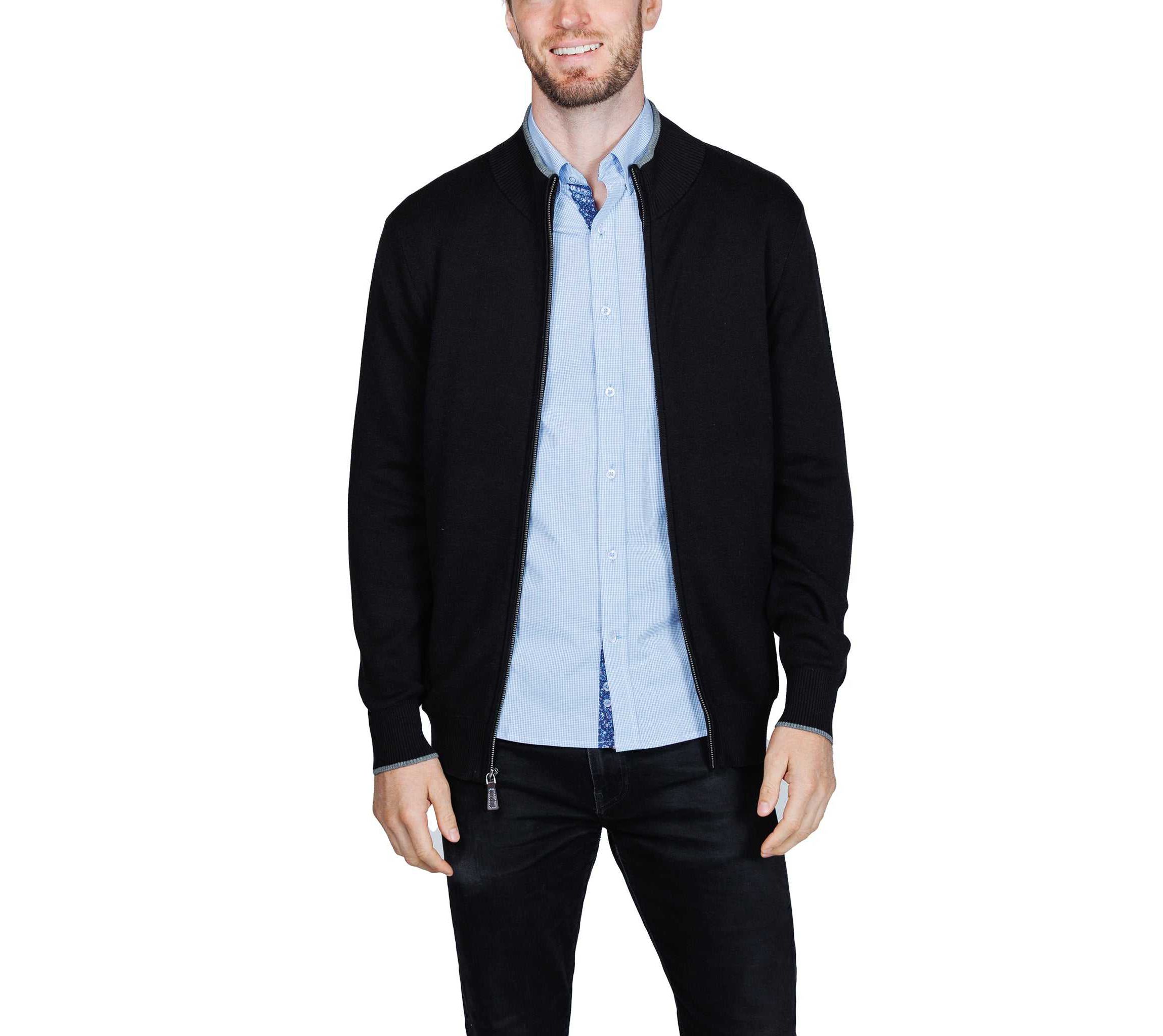 Fine Knit Full Zip Mock Neck Sweater