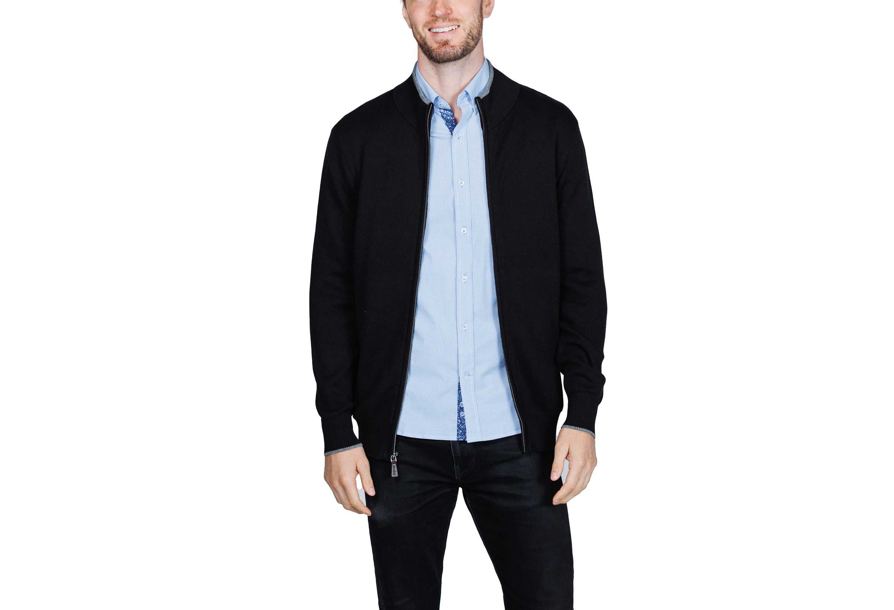 Fine Knit Full Zip Mock Neck Sweater