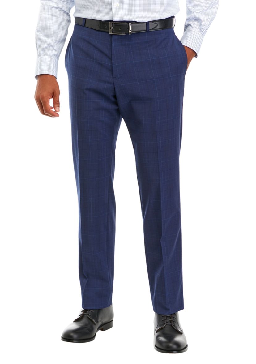 Mens Plaid Wool Stretch Classic Fit Suit Trouser Pants