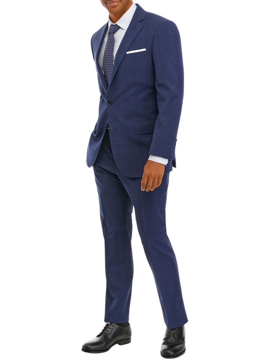 Mens Plaid Wool Stretch Classic Fit Suit Trouser Pants