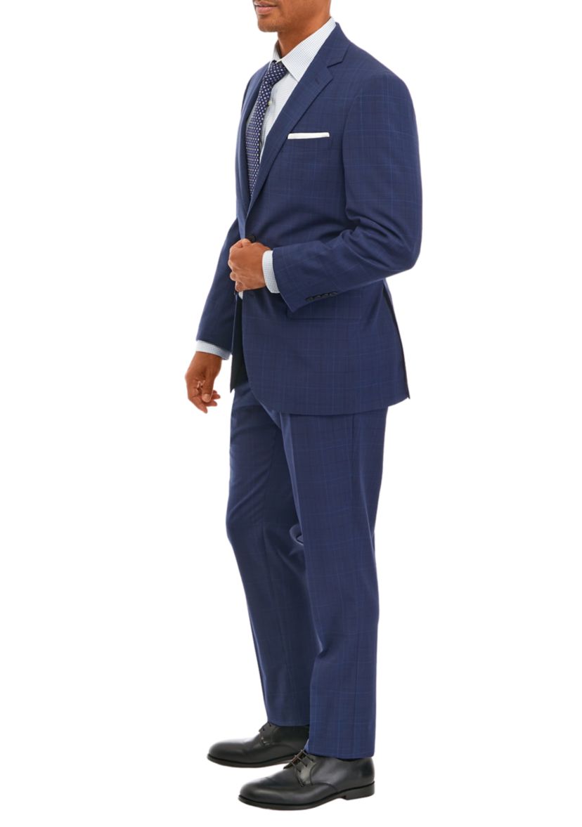 Mens Plaid Wool Stretch Classic Fit Suit Trouser Pants