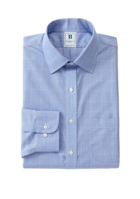 B by Brooks Brothers Men's Regular Fit Non Iron Check Dress Shirt, Blue, 18.5 34/35