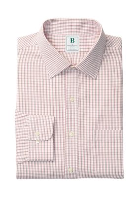B by Brooks Brothers Men's Regular Fit Non-Iron Windowpane Dress Shirt, Red, 15.5 32/33