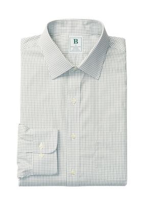 B by Brooks Brothers Men's Regular Fit Non-Iron Windowpane Dress Shirt, Green, 16 34/35