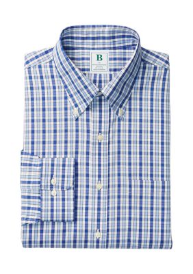 B by Brooks Brothers Men's Regular Fit Non-Iron Check Dress Shirt, Blue, 17 32/33