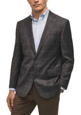 B by Brooks Brothers Men's Plaid Wool Stretch Classic Fit Sportcoat, Brown, 42 Short