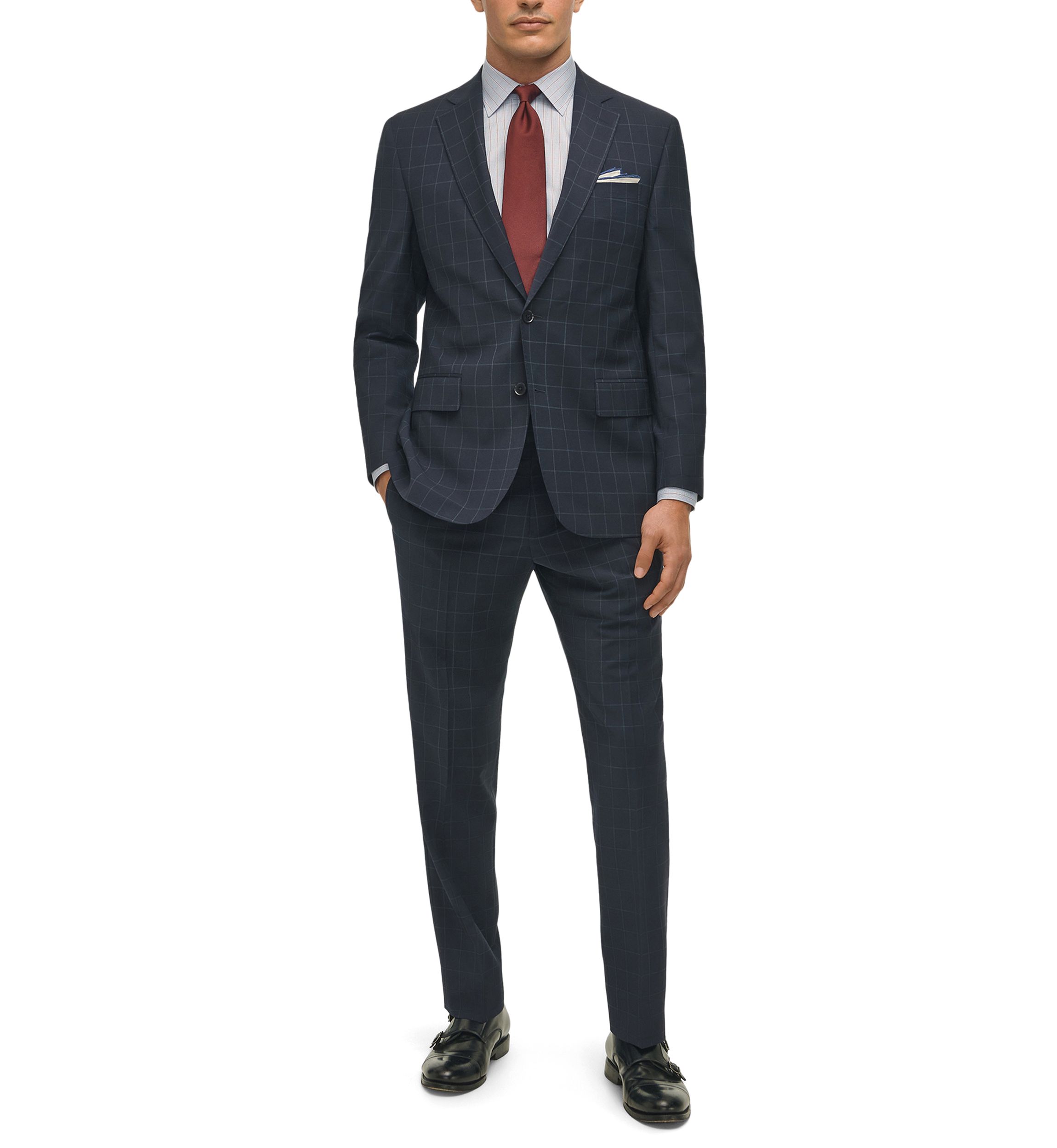 Windowpane Wool Stretch Classic Fit Suit Trousers