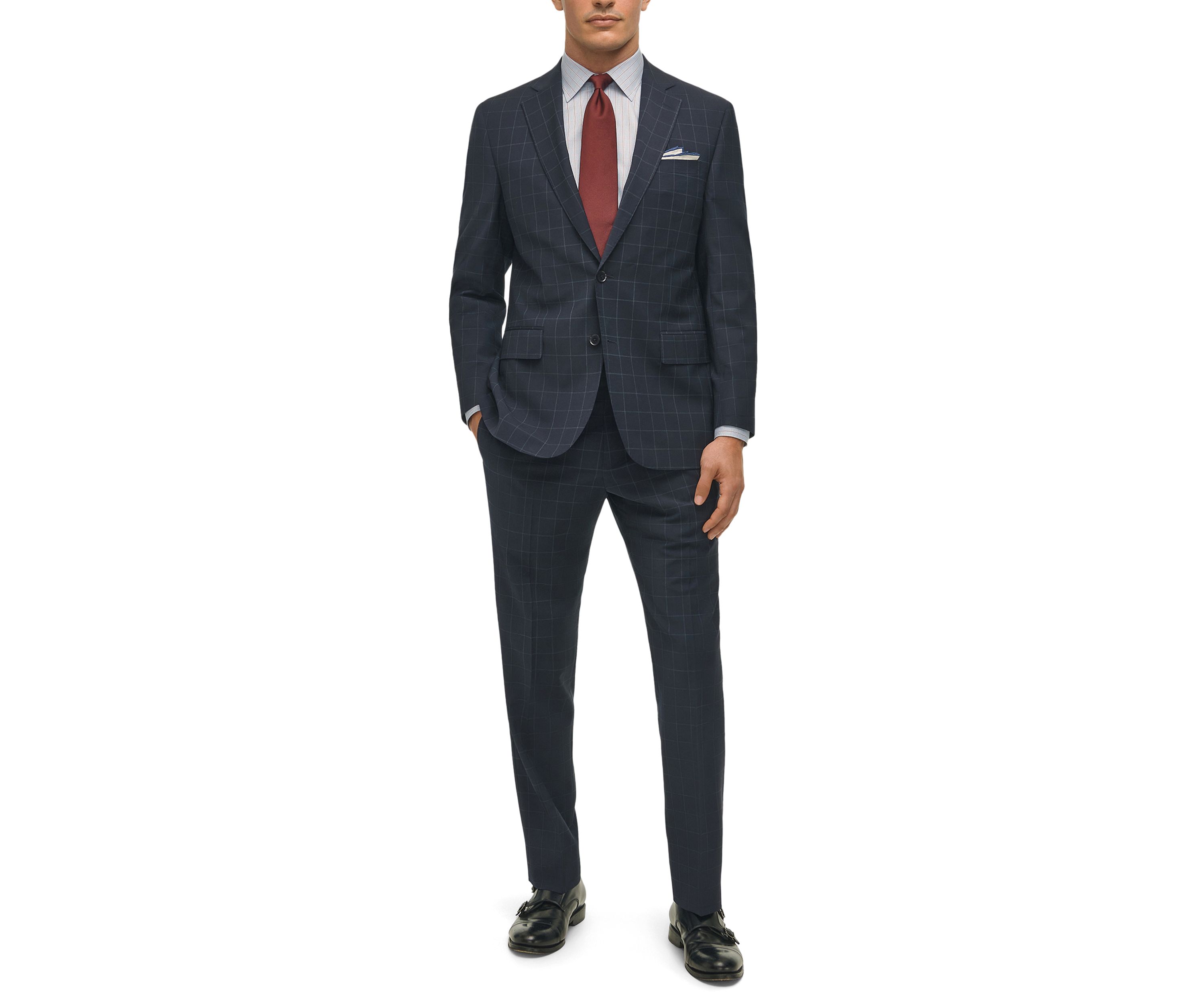Windowpane Wool Stretch Classic Fit Suit Trousers