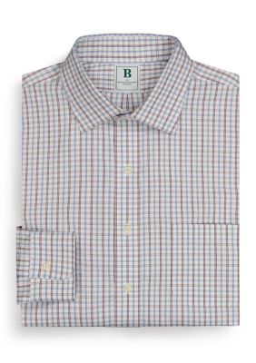 B by Brooks Brothers Men's Regular Fit Non-Iron Windowpane Dress Shirt, Blue, 17.5 34/35