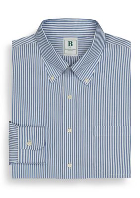B by Brooks Brothers Men's Regular Fit Non-Iron Stripe Dress Shirt, Navy Blue, 18 34/35
