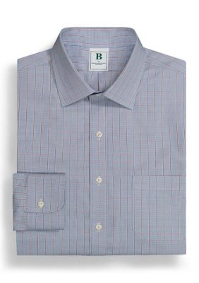 B by Brooks Brothers Men's Regular Fit Non-Iron Grid Check Dress Shirt, Navy Blue, 17 34/35