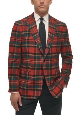 B by Brooks Brothers Men's Tartan Wool Stretch Classic Fit Sportcoat, Red, 50 Long