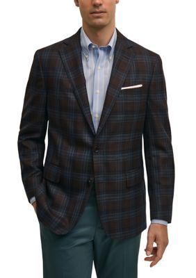 B by Brooks Brothers Men's Classic Fit Plaid Hopsack Sport Coat, Red, 44 Long