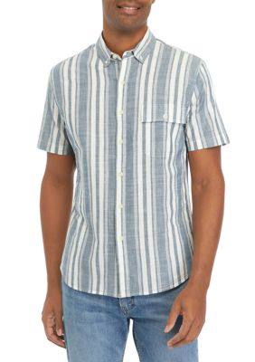 TRUE CRAFT Men's Short Sleeve Striped Cotton Woven Shirt, Navy Blue, Small