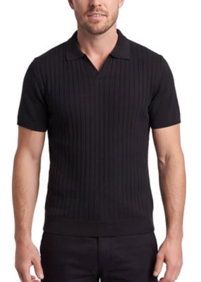 Tom Baine Men's Slim Fit Ribbed Knit Polo Shirts Short Sleeve V-Neck Johnny Collar Sweater Polo Top, Black, 2XL