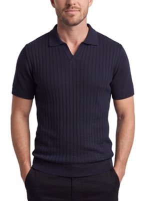 Tom Baine Men's Slim Fit Ribbed Knit Polo Shirts Short Sleeve V-Neck Johnny Collar Sweater Polo Top, Navy Blue, 2XL