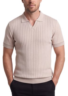 Tom Baine Men's Slim Fit Ribbed Knit Polo Shirts Short Sleeve V-Neck Johnny Collar Sweater Polo Top, Tan, 2XL