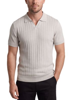 Tom Baine Men's Slim Fit Ribbed Knit Polo Shirt Short Sleeve V-Neck Johnny Collar Sweater Polo Lightweight Top, Beige, 2XL