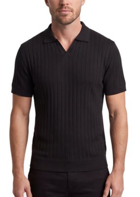 Tom Baine Men's Slim Fit Ribbed Knit Polo Shirt Short Sleeve V-Neck Johnny Collar Sweater Polo Lightweight Top, Black, 2XL