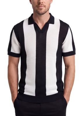 Tom Baine Men's Striped Knit Polo Shirts Short Sleeve Johnny Collar Mesh Sweater Polo Vintage Bowling Style Casual Top, Black, 2XL