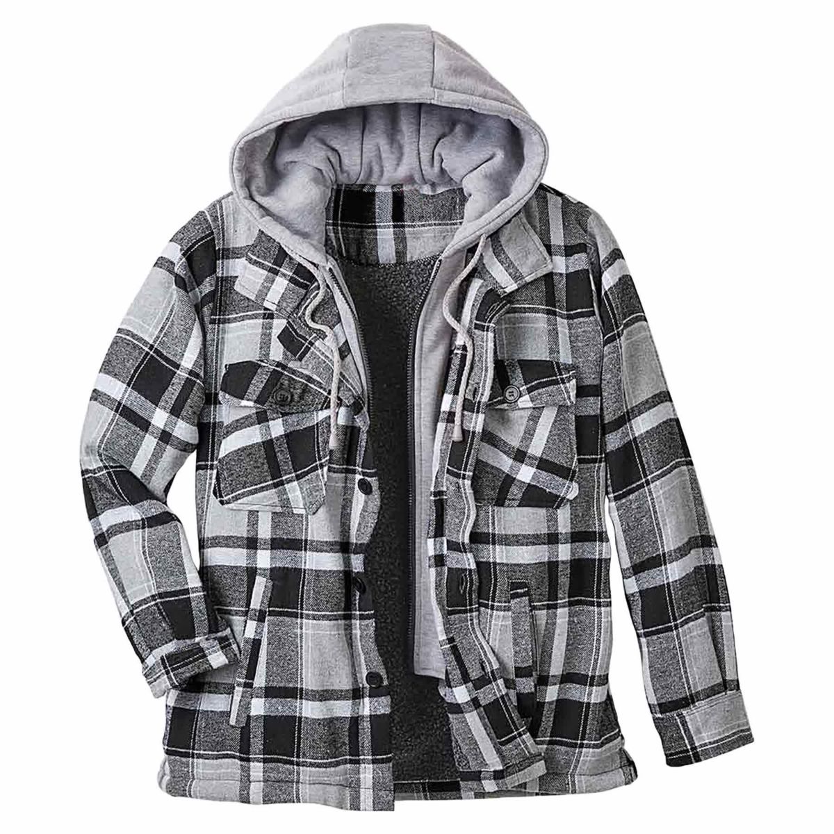 Mens Hooded Flannel Sherpa Shirt Jacket