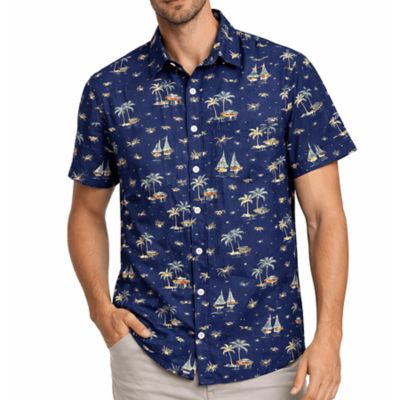 Victory Outfitters Mens Tropical Print Short Sleeve Shirt, Navy Blue, 2XL