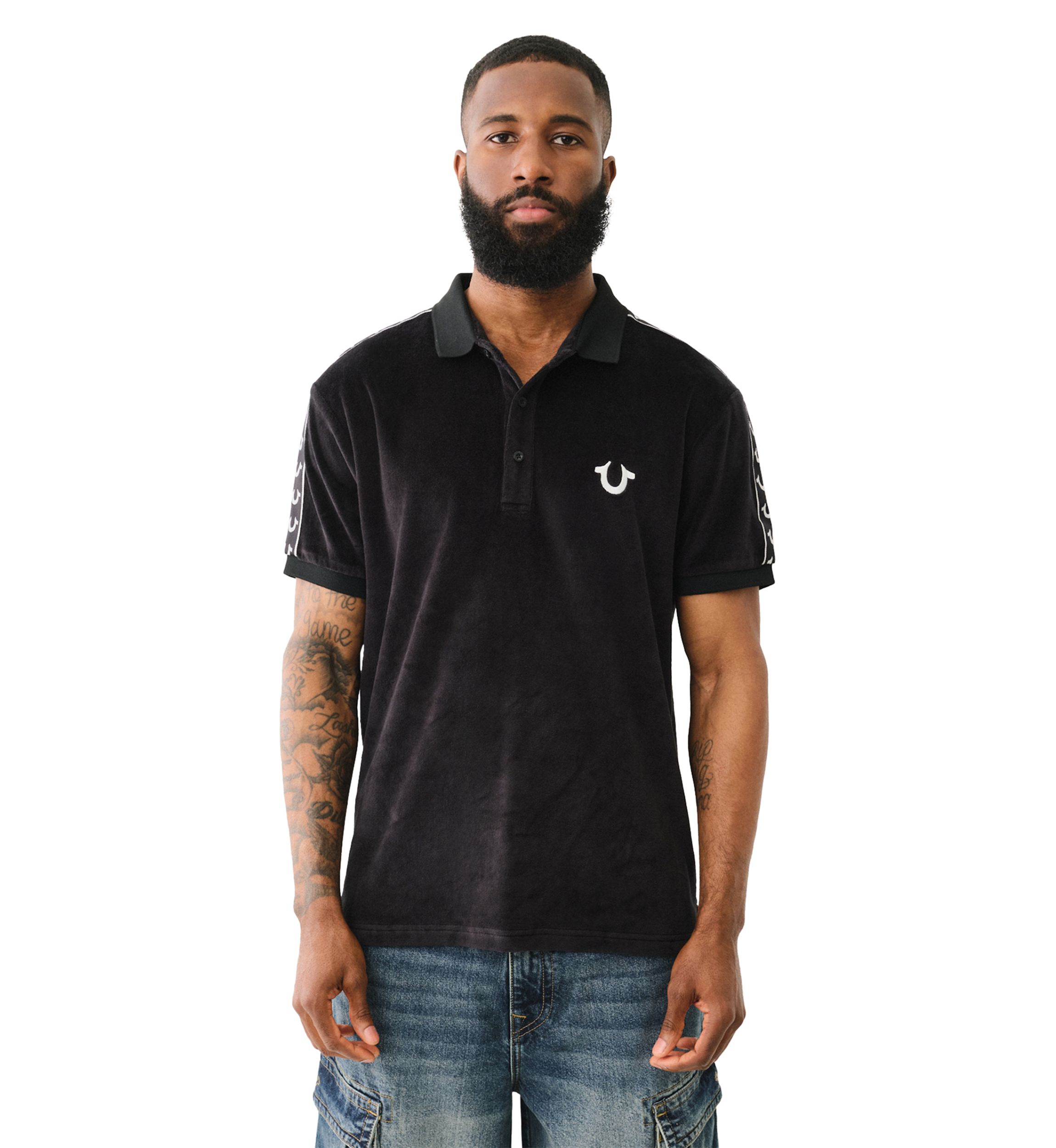 Mens Velour Short Sleeve Polo Shirt with Taping