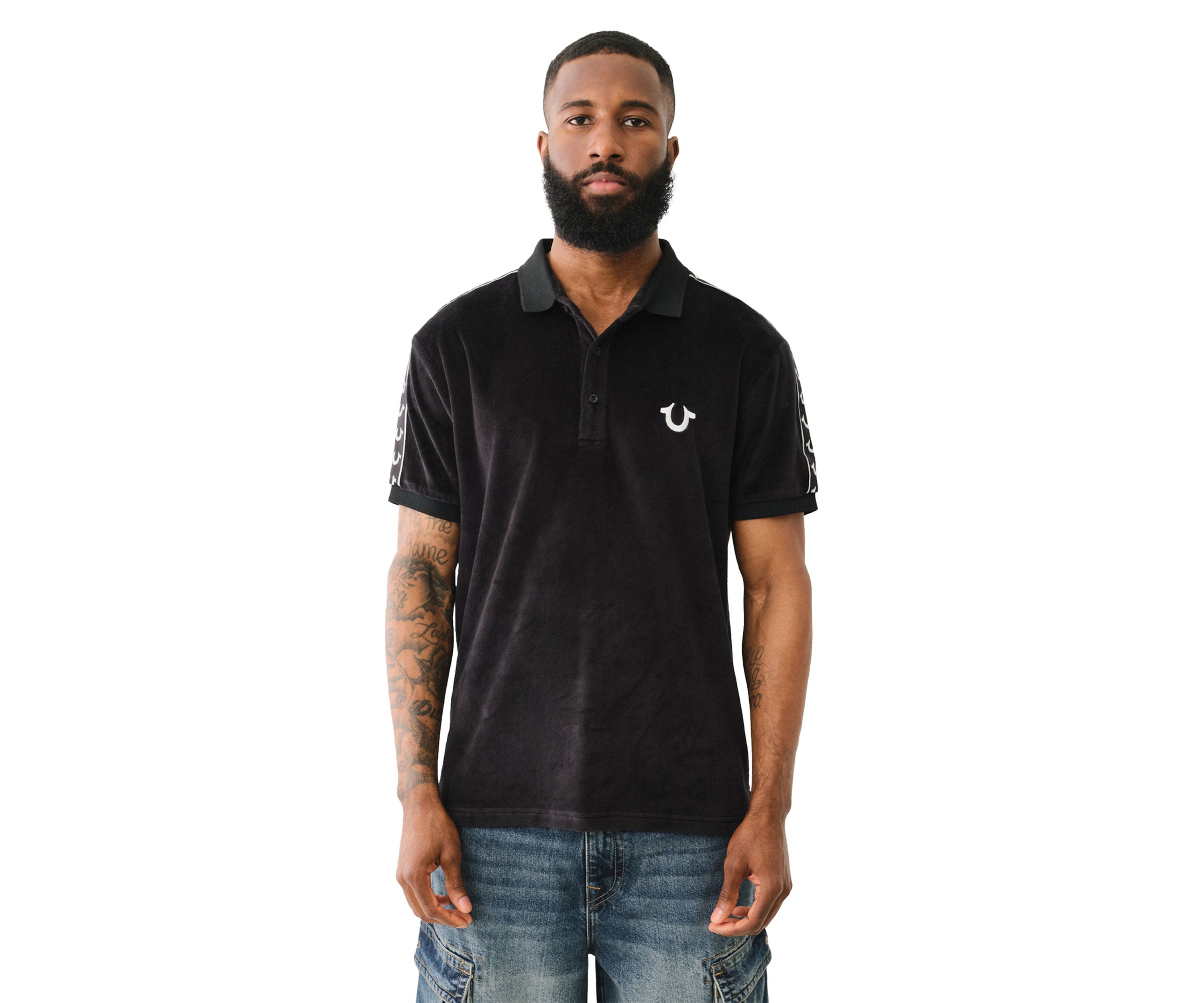 Mens Velour Short Sleeve Polo Shirt with Taping